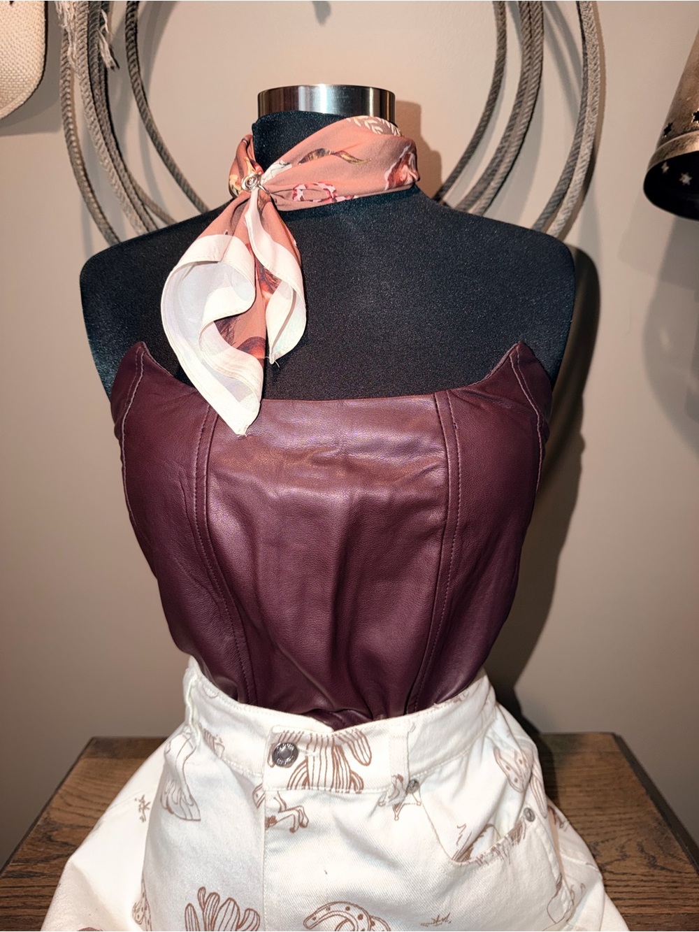 Women's Strapless Faux Leather Camisole in Burgundy